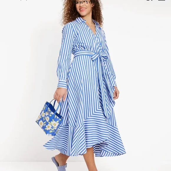 Kate Spade Blue and White JULIA STRIPE WRAP DRESS Long Sleeve Dress
